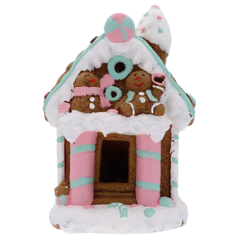 Ceramiczny domek z piernika 35 cm z postaciami pierniczków i cukrowymi zdobieniami, oświetlany ciepłym światłem LED.