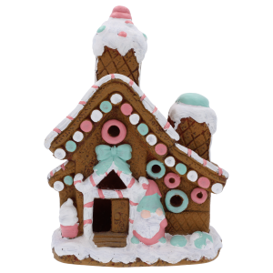 Ceramiczny domek piernikowy z oświetleniem LED, prezentujący bogate zdobienia w pastelowych kolorach. Idealna ozdoba na świąteczny stół lub kominek.