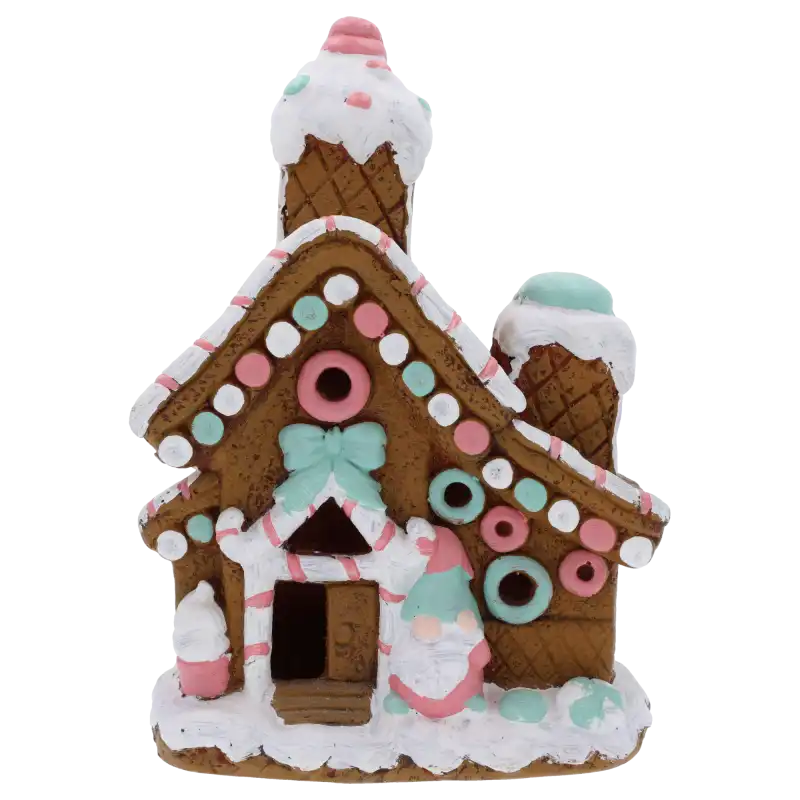 Ceramiczny domek piernikowy z oświetleniem LED, prezentujący bogate zdobienia w pastelowych kolorach. Idealna ozdoba na świąteczny stół lub kominek.