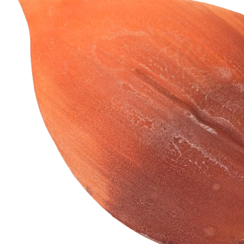 Szczegółowe zbliżenie na strukturę piankowego liścia w odcieniach pomarańczu. Widoczna miękka faktura materiału oraz naturalne cieniowanie powierzchni.
