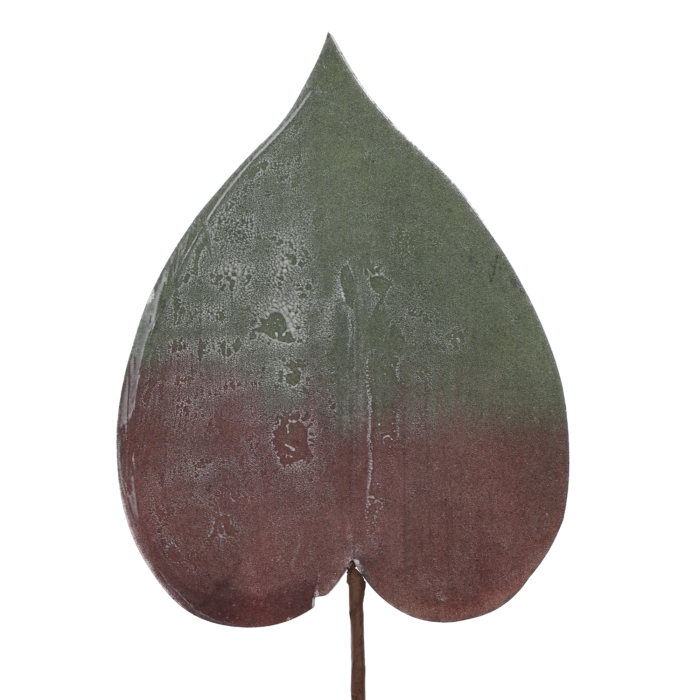 Piankowy liść 77 cm w kolorze zielono-brązowym. Dekoracja o wymiarach 22x16 cm wykonana z miękkiego materiału, idealna do bukietów.