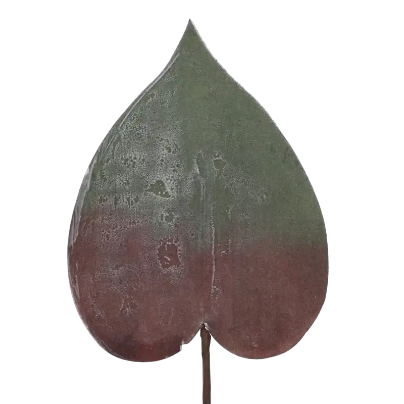 Piankowy liść 77 cm w kolorze zielono-brązowym. Dekoracja o wymiarach 22x16 cm wykonana z miękkiego materiału, idealna do bukietów.