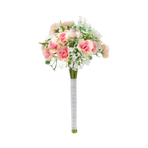 Różowy bukiet sztucznych kwiatów o wysokości 30 cm i średnicy 15 cm. Łodygi owinięte są elegancką satynową wstążką.