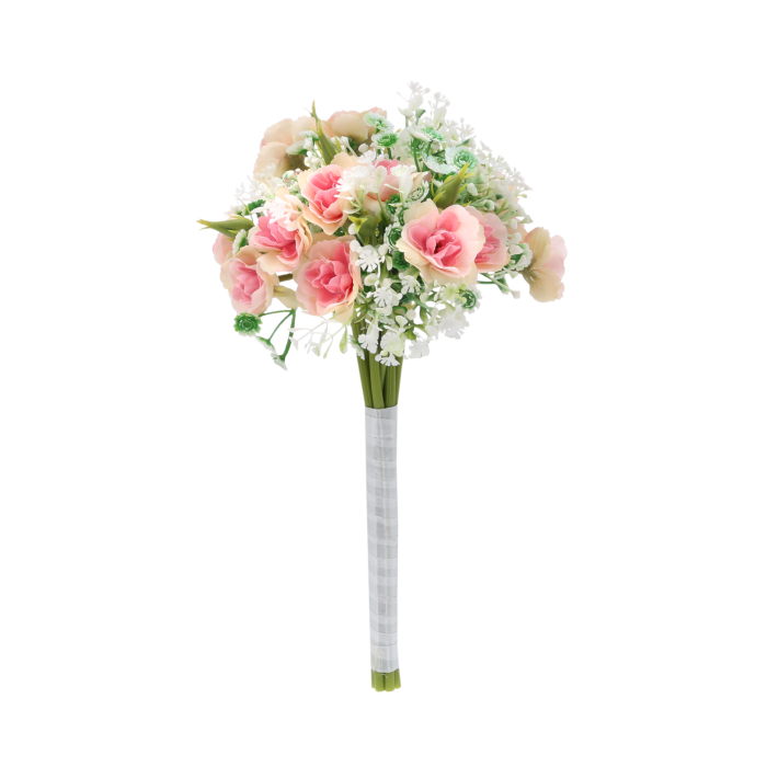 Różowy bukiet sztucznych kwiatów o wysokości 30 cm i średnicy 15 cm. Łodygi owinięte są elegancką satynową wstążką.