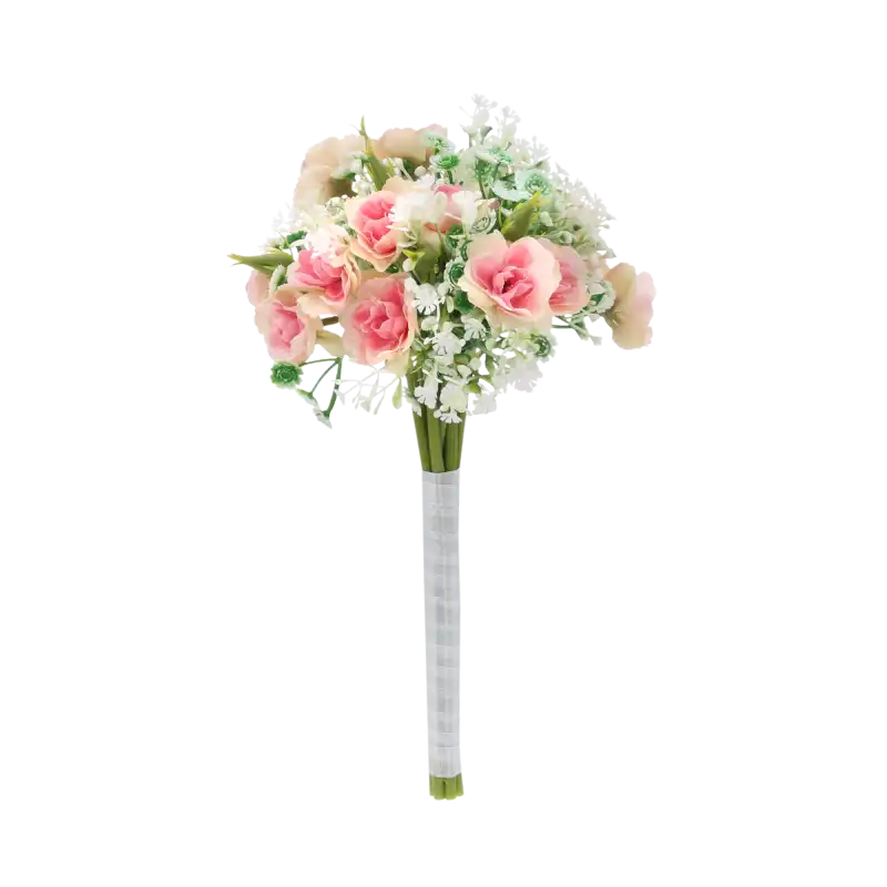 Różowy bukiet sztucznych kwiatów o wysokości 30 cm i średnicy 15 cm. Łodygi owinięte są elegancką satynową wstążką.