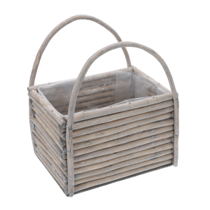 Szara osłonka drewniana z kory 24 cm w kształcie koszyka z dwoma uchwytami. Wnętrze wyłożone folią ochronną, idealna do kompozycji z kwiatami w domu lub ogrodzie.