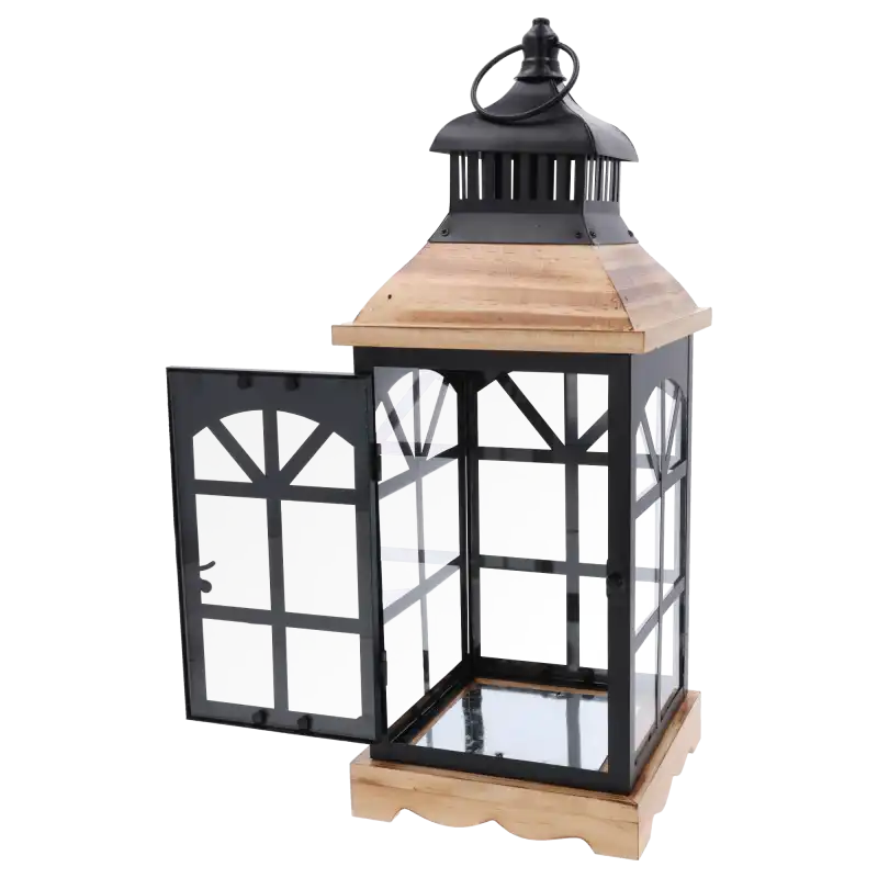 Lampion w stylu loftowym z otwartym skrzydłem drzwiczek, prezentujący konstrukcję z metalu i drewna.