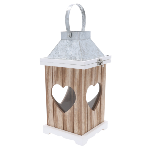 Drewniany lampion 30/37 cm z metalowym dachem i wycięciami w kształcie serca. Dekoracja z uchylną górą.