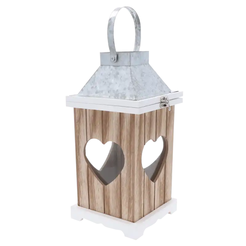 Drewniany lampion 30/37 cm z metalowym dachem i wycięciami w kształcie serca. Dekoracja z uchylną górą.