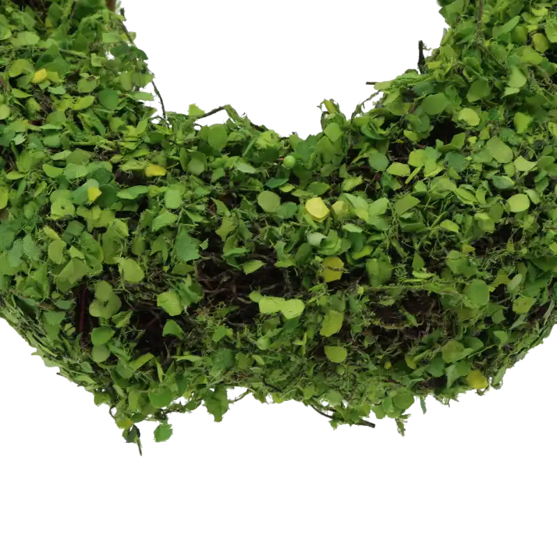 Zbliżenie na fakturę faszynowego wianka. Widoczne szczegóły drobnych listków oraz naturalna struktura podstawy.