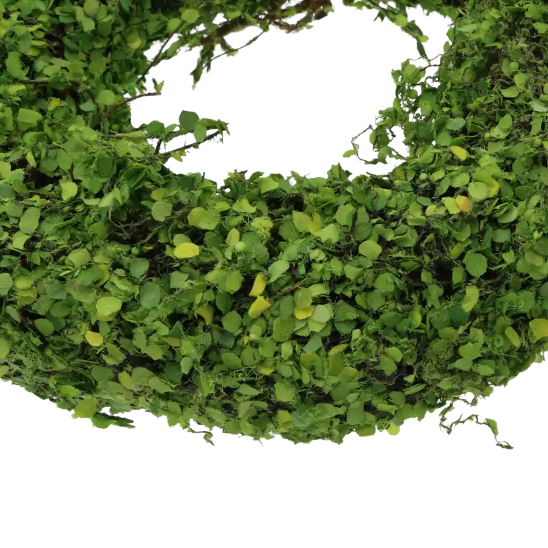 Detal faszynowego wianka ukazujący gęste zielone listki. Idealna baza florystyczna do samodzielnych projektów.