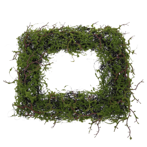 Zielona mata wianek z mchem o wymiarach 40x50 cm na faszynie. Idealna baza do tworzenia naturalnych kompozycji florystycznych i świątecznych ozdób na stół lub ścianę.