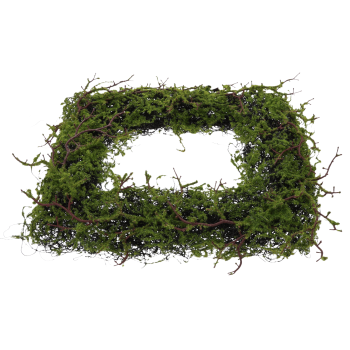 Wianek z mchu 40x50 cm ukazany w perspektywie, prezentujący strukturę bazy z faszyny oraz naturalny odcień sztucznego mchu.