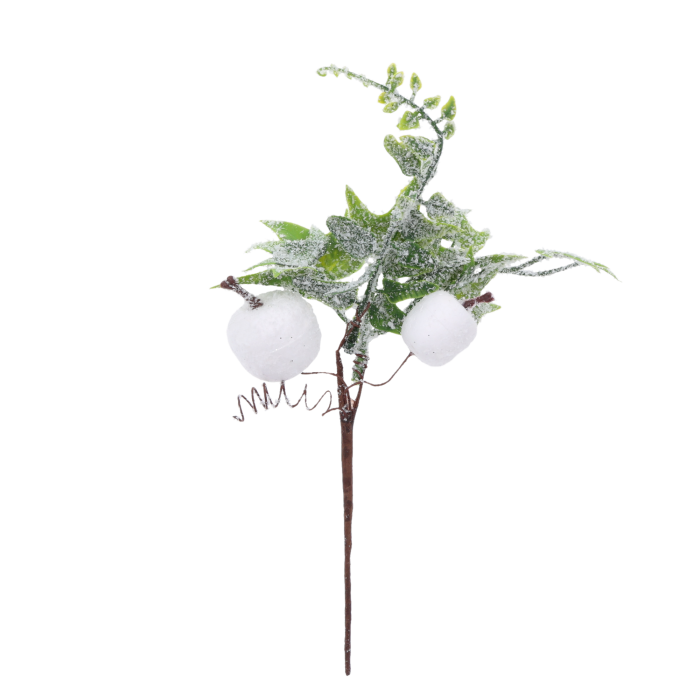 Oszroniona gałązka świąteczna 22 cm z jarzębiną i zielonymi listkami. Dekoracja o naturalnym wyglądzie idealna do zimowych kompozycji, stroików oraz bukietów bożonarodzeniowych.