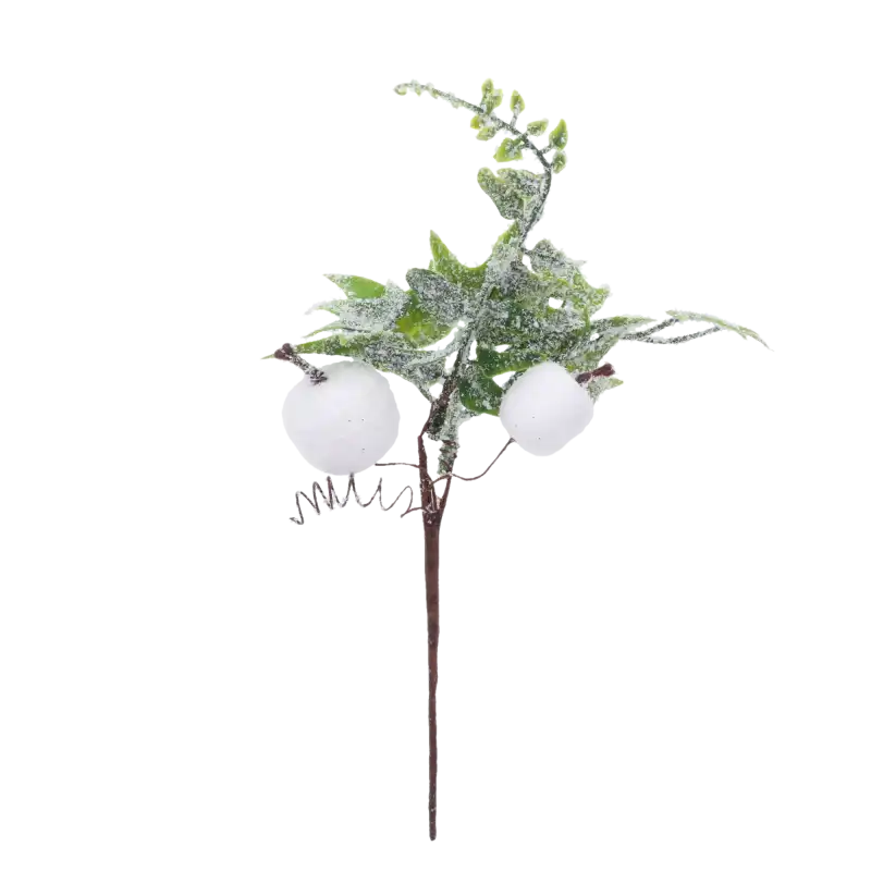 Oszroniona gałązka świąteczna 22 cm z jarzębiną i zielonymi listkami. Dekoracja o naturalnym wyglądzie idealna do zimowych kompozycji, stroików oraz bukietów bożonarodzeniowych.