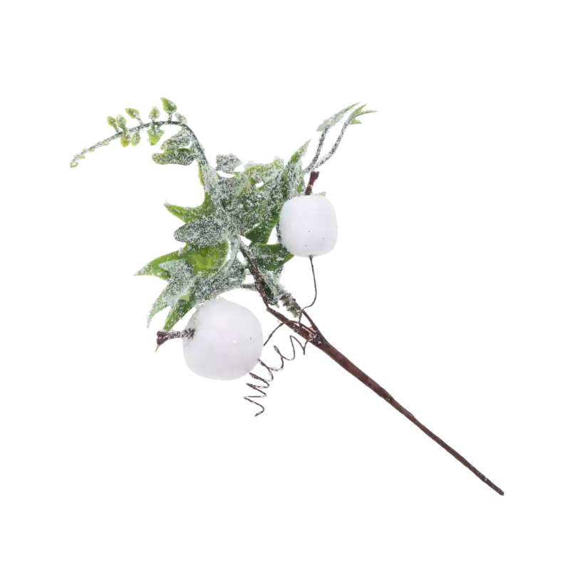 Pojedyncza gałązka świąteczna o długości 22 cm, udekorowana sztucznym śniegiem oraz białymi owocami jarzębiny. Doskonały dodatek do świątecznych aranżacji wnętrz.