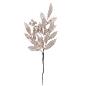 Złota gałązka z jabłkiem 47 cm z jarzębiną i brokatem. Elegancka dekoracja świąteczna na długiej łodydze, widoczna w pełnym rozmiarze na białym tle.