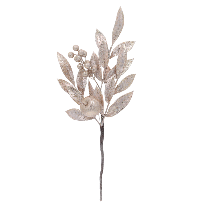 Złota gałązka z jabłkiem 47 cm z jarzębiną i brokatem. Elegancka dekoracja świąteczna na długiej łodydze, widoczna w pełnym rozmiarze na białym tle.
