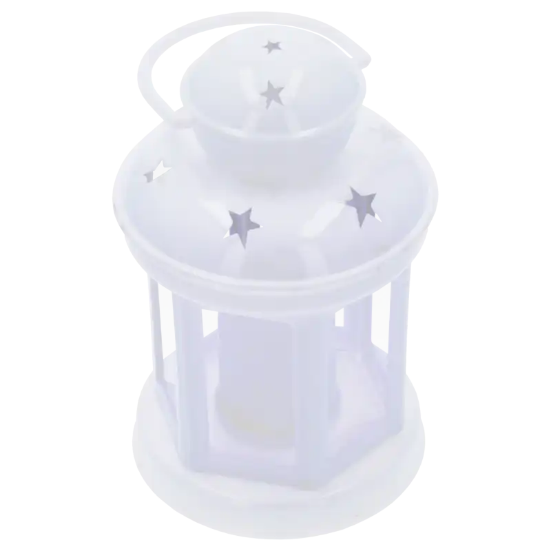 Lampion LED w kolorze białym widoczny z góry pod kątem. Wyraźnie widać wycięte w obudowie gwiazdki oraz wkład świetlny umieszczony wewnątrz konstrukcji.