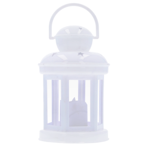 Biały lampion LED w gwiazdki 15 cm prezentowany frontalnie na białym tle. Dekoracja posiada praktyczną rączkę i emituje ciepłe, nastrojowe światło wewnątrz obudowy.