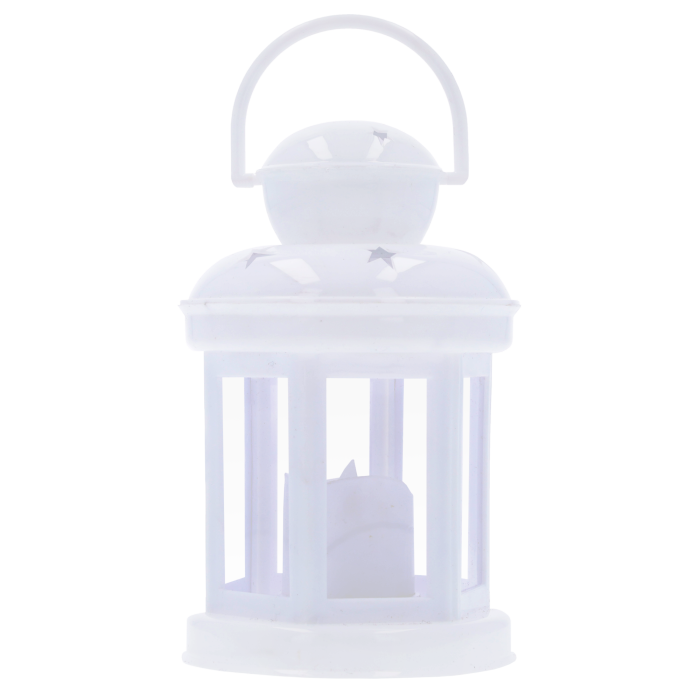Biały lampion LED w gwiazdki 15 cm prezentowany frontalnie na białym tle. Dekoracja posiada praktyczną rączkę i emituje ciepłe, nastrojowe światło wewnątrz obudowy.