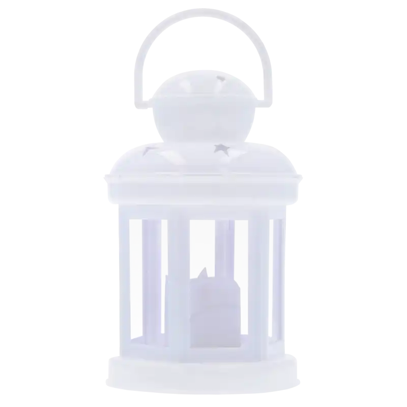Biały lampion LED w gwiazdki 15 cm prezentowany frontalnie na białym tle. Dekoracja posiada praktyczną rączkę i emituje ciepłe, nastrojowe światło wewnątrz obudowy.