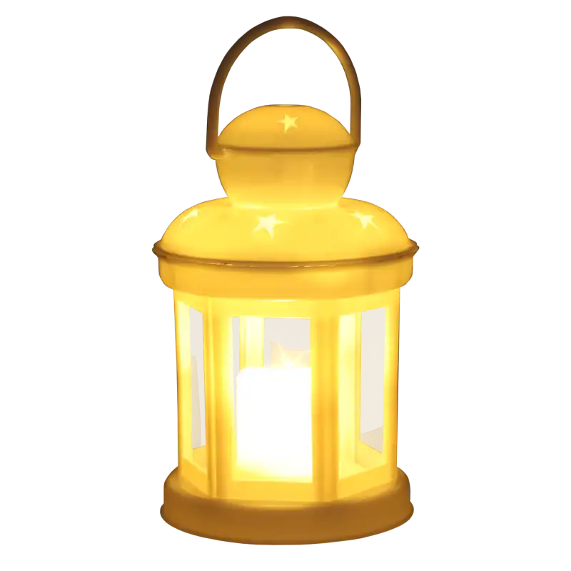 Zbliżenie na biały lampion LED w gwiazdki, który emituje ciepłe, jasne światło. Widoczna struktura lampionu oraz świecący wkład wewnątrz na czystym tle.