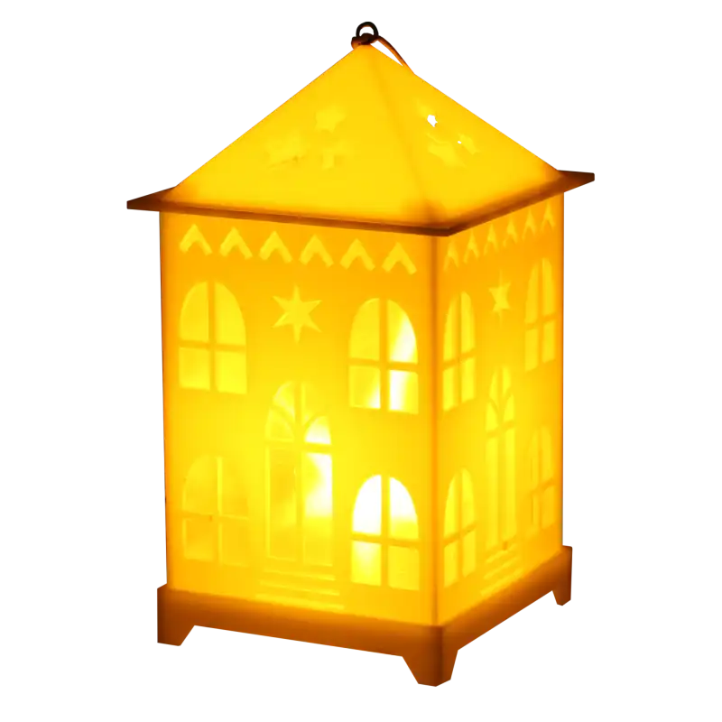 Lampion LED w kształcie domku emitujący ciepłe światło, widoczny w pełnej krasie z wyraźnymi detalami wycięć w dachu i na ściankach.