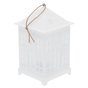 Biały lampion LED w kształcie domku o wymiarach 13x7 cm. Świąteczna dekoracja zasilana bateryjnie, posiadająca sznurek do zawieszenia, idealna na Boże Narodzenie.
