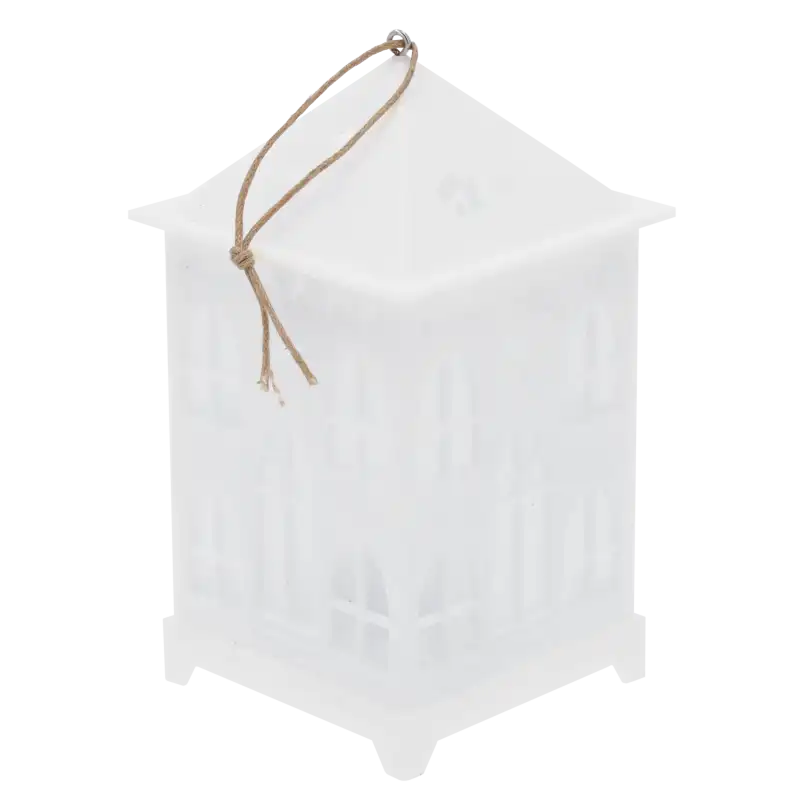 Biały lampion LED w kształcie domku o wymiarach 13x7 cm. Świąteczna dekoracja zasilana bateryjnie, posiadająca sznurek do zawieszenia, idealna na Boże Narodzenie.