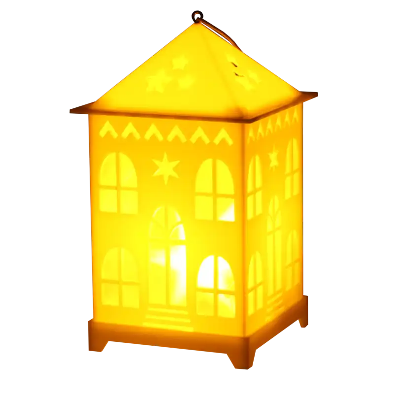 Włączony kremowy lampion LED w kształcie domku emitujący ciepłe, nastrojowe światło przez ażurowe wycięcia w daszku.