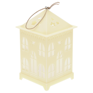 Kremowy lampion LED w kształcie domku 13x7 cm z uchwytem, idealna dekoracja na Boże Narodzenie zapewniająca przytulne światło.