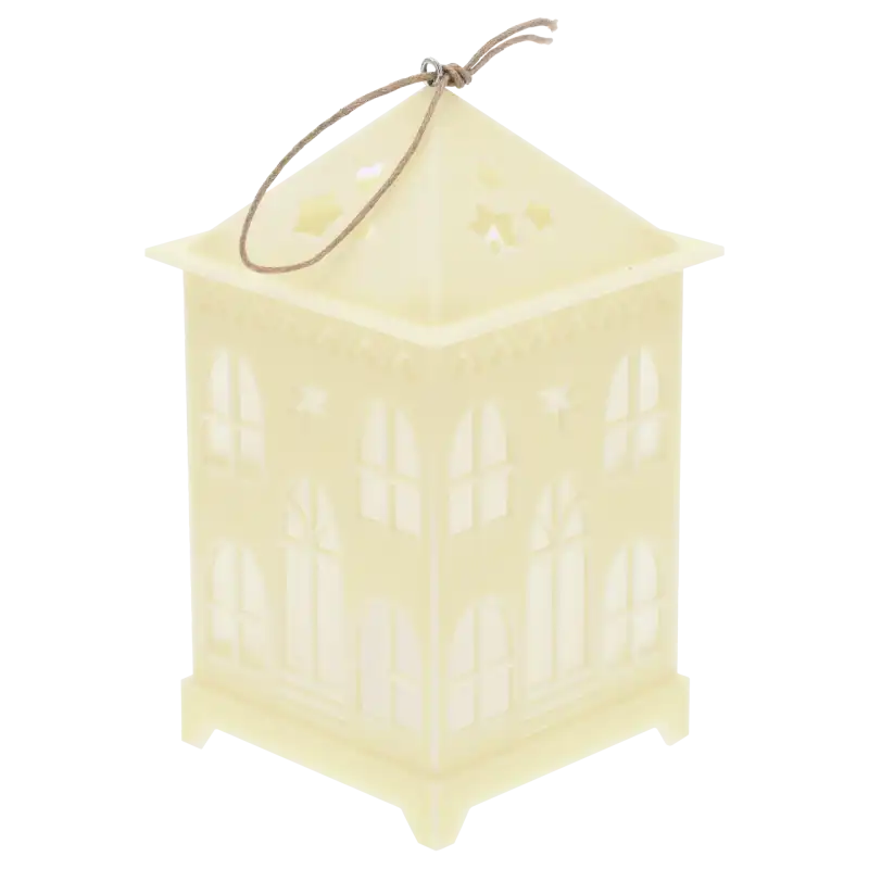 Kremowy lampion LED w kształcie domku 13x7 cm z uchwytem, idealna dekoracja na Boże Narodzenie zapewniająca przytulne światło.