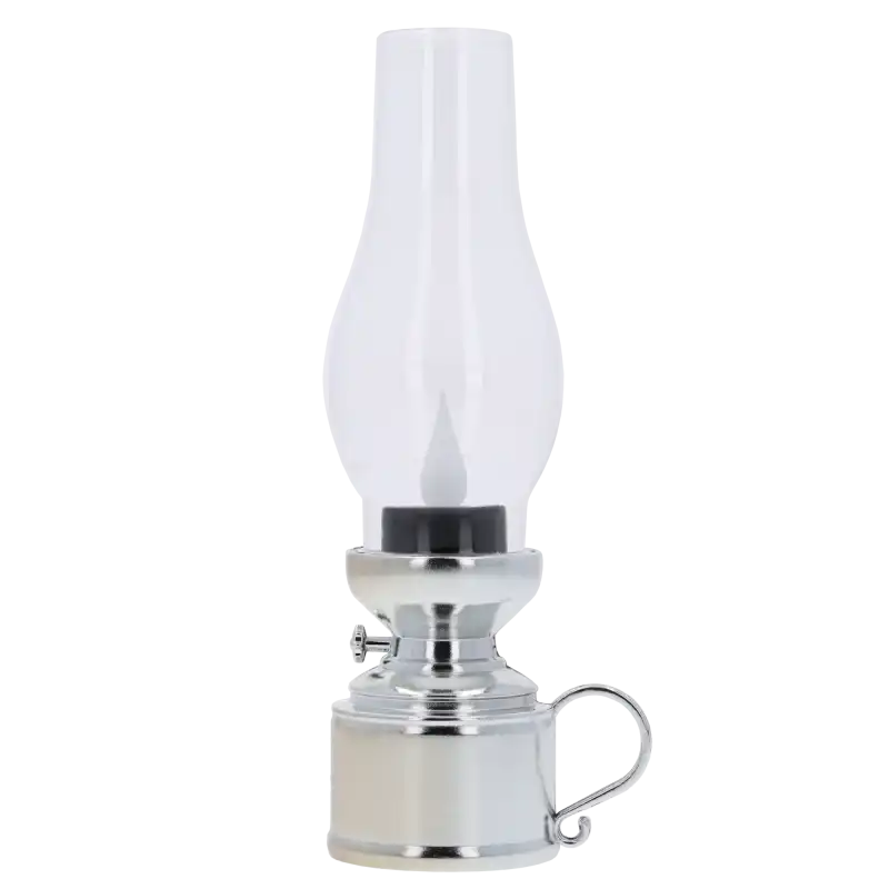 Srebrna lampa naftowa LED 19 cm o klasycznym designie. Ozdobny element dekoracyjny zasilany na baterie, emitujący ciepłe światło.
