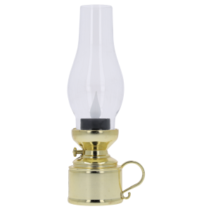 Złota lampa naftowa LED o wysokości 19 cm. Klasyczny design z przezroczystym kloszem i efektem migoczącego światła imitującego płomień świecy. Idealna dekoracja.