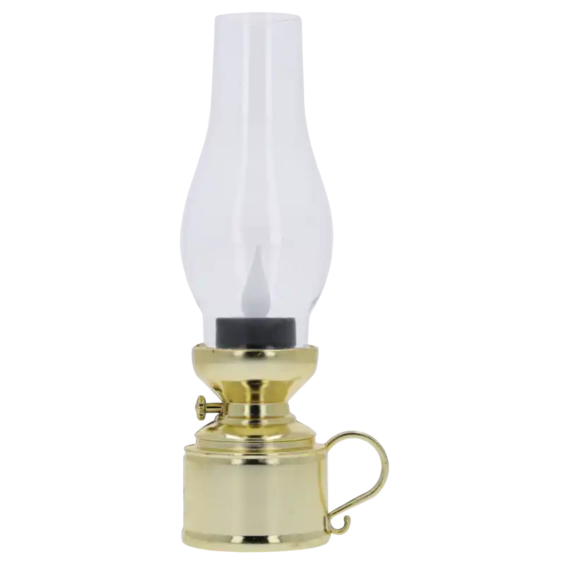 Złota lampa naftowa LED o wysokości 19 cm. Klasyczny design z przezroczystym kloszem i efektem migoczącego światła imitującego płomień świecy. Idealna dekoracja.