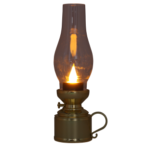 Złota lampa naftowa LED 19 cm włączona. Ciepłe, migoczące światło wewnątrz szklanego klosza tworzy przytulny nastrój w każdym wnętrzu.