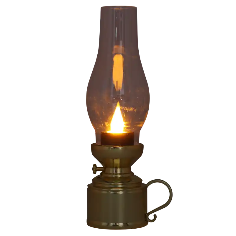 Złota lampa naftowa LED 19 cm włączona. Ciepłe, migoczące światło wewnątrz szklanego klosza tworzy przytulny nastrój w każdym wnętrzu.