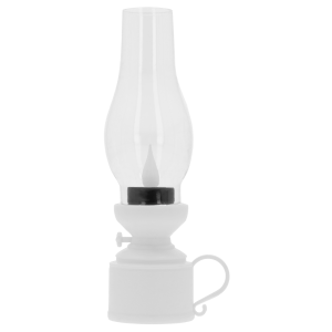 Biała lampa naftowa LED o wysokości 19 cm. Klasyczna forma z przezroczystym kloszem i wygodnym uchwytem, stanowiąca nastrojową dekorację wnętrz.