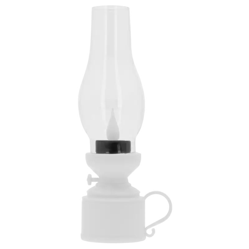 Biała lampa naftowa LED o wysokości 19 cm. Klasyczna forma z przezroczystym kloszem i wygodnym uchwytem, stanowiąca nastrojową dekorację wnętrz.