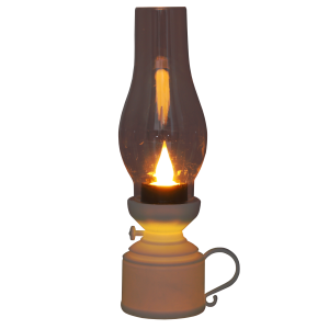 Świecąca lampa naftowa LED w białej obudowie. Widoczne ciepłe, migające światło, które tworzy przytulny nastrój w każdym pomieszczeniu.