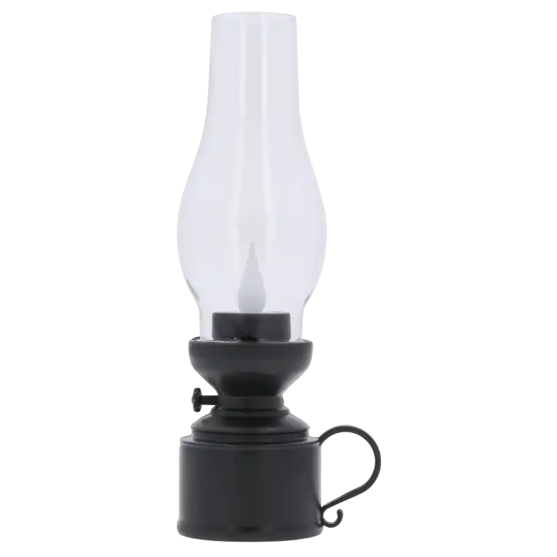 Czarna lampa naftowa LED o wysokości 19 cm. Klasyczna ozdoba z przejrzystym kloszem i migoczącym światłem imitującym świecę.