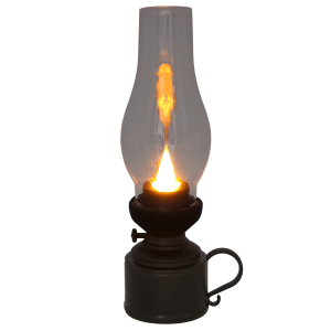 Lampa naftowa LED w kolorze czarnym z włączonym, ciepłym światłem. Efekt migającego płomienia wewnątrz szklanego klosza.