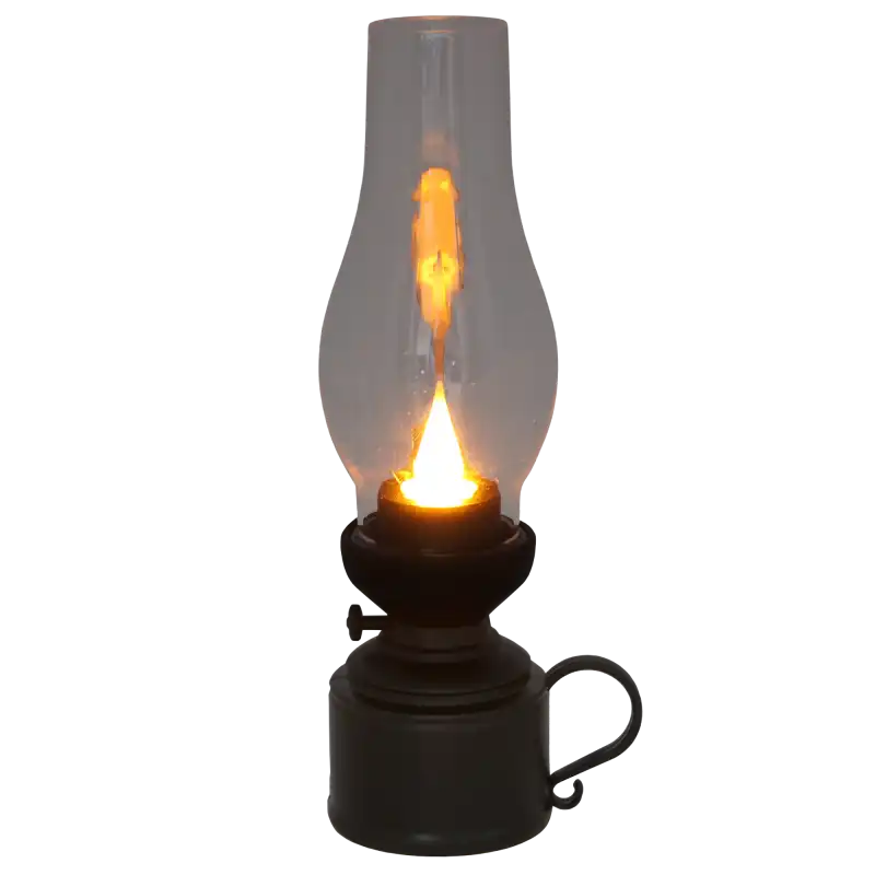 Lampa naftowa LED w kolorze czarnym z włączonym, ciepłym światłem. Efekt migającego płomienia wewnątrz szklanego klosza.