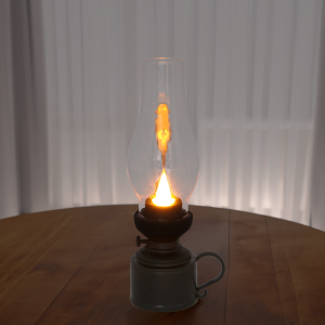 Włączona lampa naftowa LED stojąca na drewnianym stole. Ciepłe światło tworzy przytulny nastrój w domowym wnętrzu.
