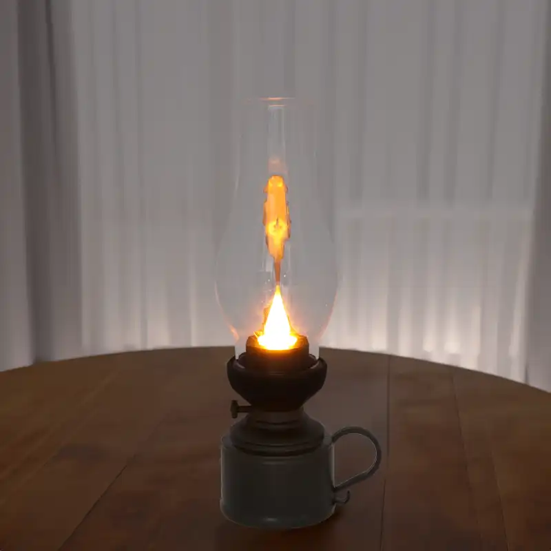 Włączona lampa naftowa LED stojąca na drewnianym stole. Ciepłe światło tworzy przytulny nastrój w domowym wnętrzu.