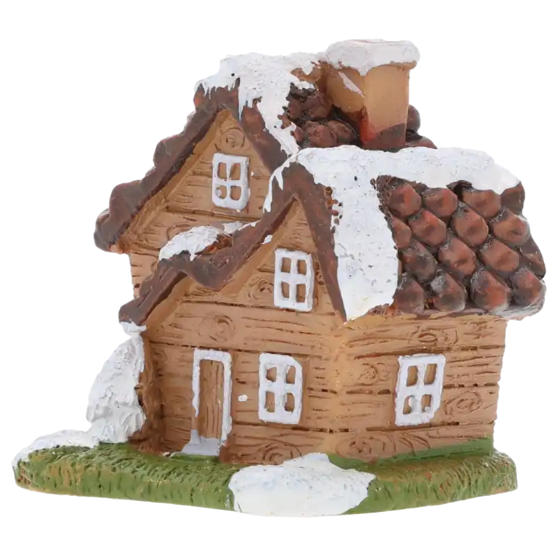 Miniaturowy domek dekoracyjny 5 cm ujęty z boku, ukazujący detale dachu oraz komina z warstwą sztucznego śniegu.