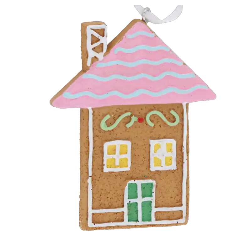 Zawieszka domek z piernika 9x7 cm z różowym dachem i kolorowymi zdobieniami imitującymi lukier. Dekoracja posiada białą wstążkę do zawieszenia.