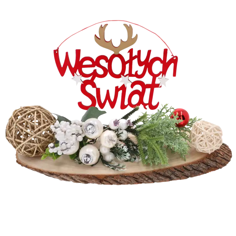 Gałązka z brokatem wykorzystana jako element świątecznego stroika na plastrze drewna z napisem Wesołych Świąt oraz ozdobnymi kulami.