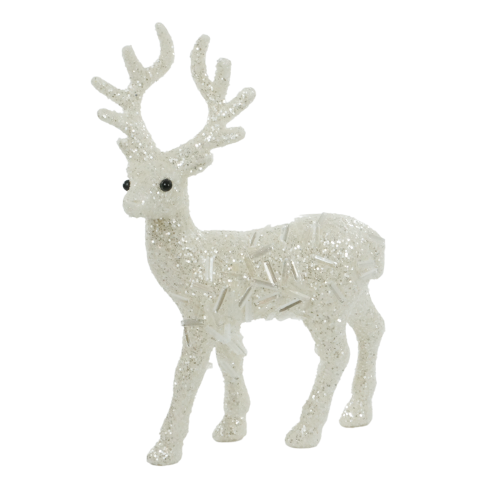 Biały renifer z brokatem o wysokości 22 cm. Figurka z tworzywa sztucznego ozdobiona srebrnym brokatem i cekinami, idealna dekoracja świąteczna do wnętrz.